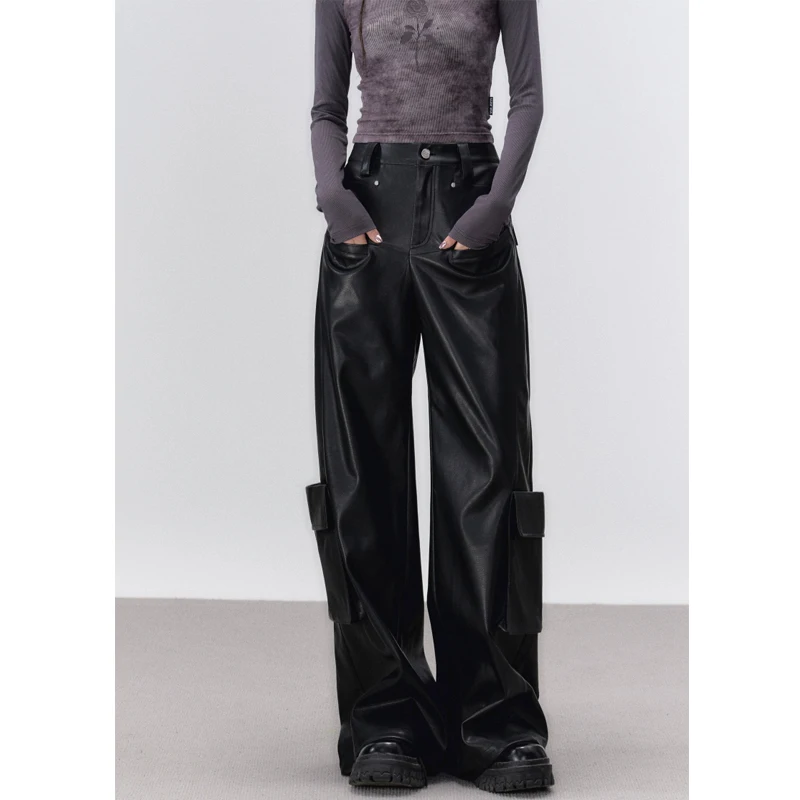 

27-46 2023 Men Women Clothing Yamamoto Style Three-dimensional Pocket Wide Leg Leather Pants Lovers Trousers Plus Size Costumes