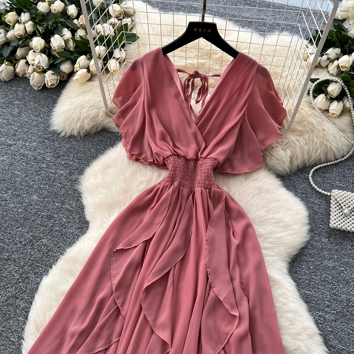 Elegant Criss-Cross chiffon short sleeve Vintage Chic Slim Ball Gown Dresses French Evening High Street Clothing