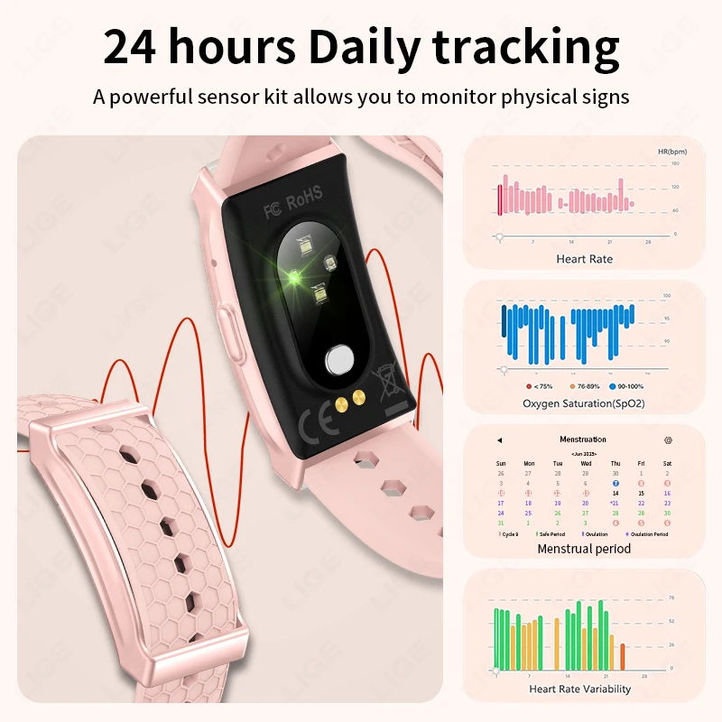 LIGE New Sport Smart Bracelet Women Heart Rate Blood Oxygen Monitor Fitness Tracker Pedometer Call Reminder Lady Smartwatch Band