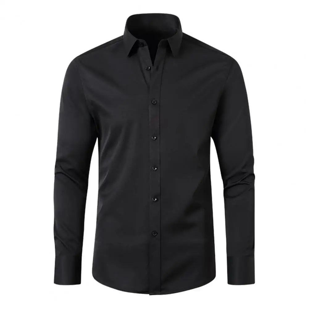 

Men Commuting Shirt Formal Business Style Men's Shirt with Turn-down Collar Long Sleeve Slim Fit Solid Color Stretchy Breathable