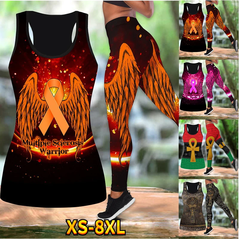 Warrior Ribbon Leggings Hollow Tank Combo Women Tank Tops Ladies Yoga Pants Fitness Leggings Pant Suit Xs-8Xl