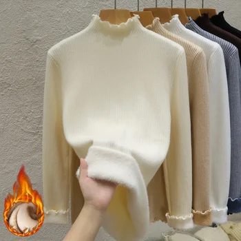 المرأة أفخم الصوف مبطن الياقة ، البلوز الناعم ، قمم محبوك عارضة ، ضئيلة ، Ruched ، بالإضافة إلى المخمل ، رشاقته ، دافئة ، الشتاء