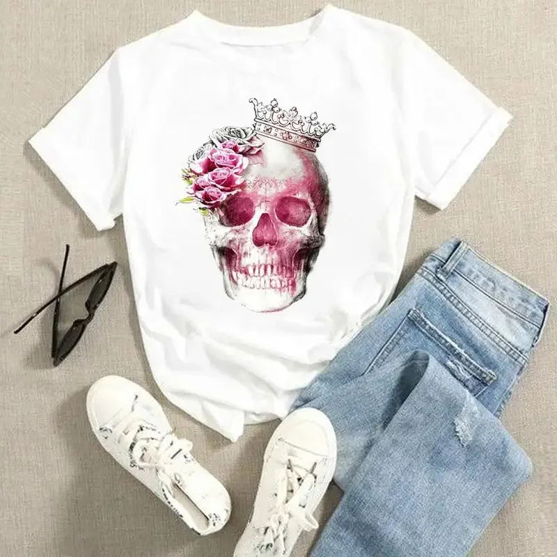

Vacation Short Sleeve Skull Watercolor Spring Cute Women Cartoon Graphic Tees Ladies Summer Fashion Tshirts Tops Wear T-Shirt