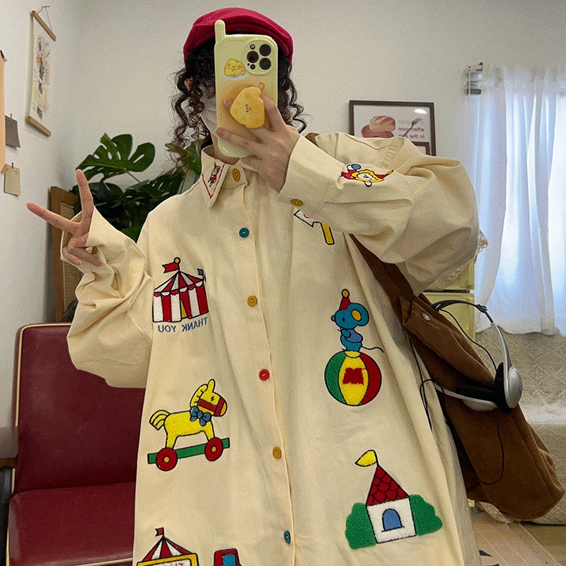 Homemade Cute Horse Mouse Embroidery Vintage Long Sleeve Shirts Autumn and Winter New Loose women