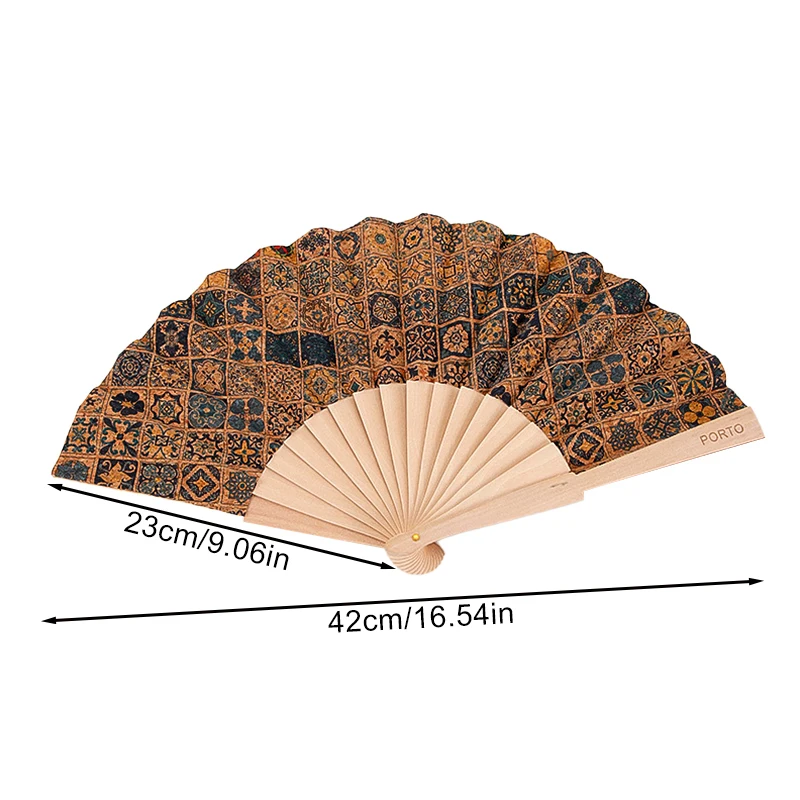 Description Picture 2 of itemVintage High Grade Wooden Folding Fan Cork Fabric Plaid Pattern Art Craft Home Decor Ornament Dance Hand Fan Photo Props Gift