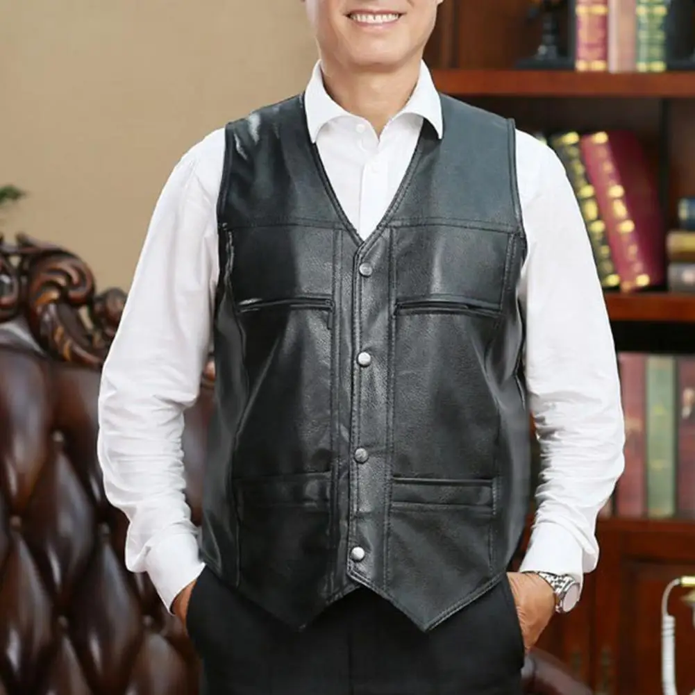 Description Picture 6 of itemMen Sleeveless Vest Stylish Men's Faux Leather Motorcycle Vest for Autumn Winter Single Breasted V-neck Sleeveless for Men