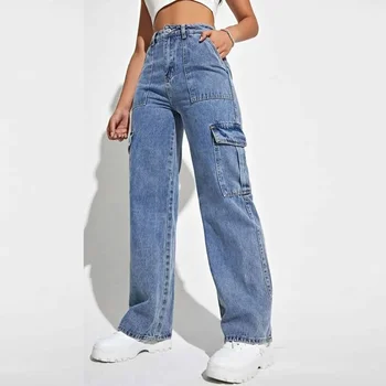 Y2k Pants Womens High Waist Cargo Jeans Multi-Pocket Wide Leg Denim Pants Fashion Casual Loose-Fit Workwear Trousers Long Pants