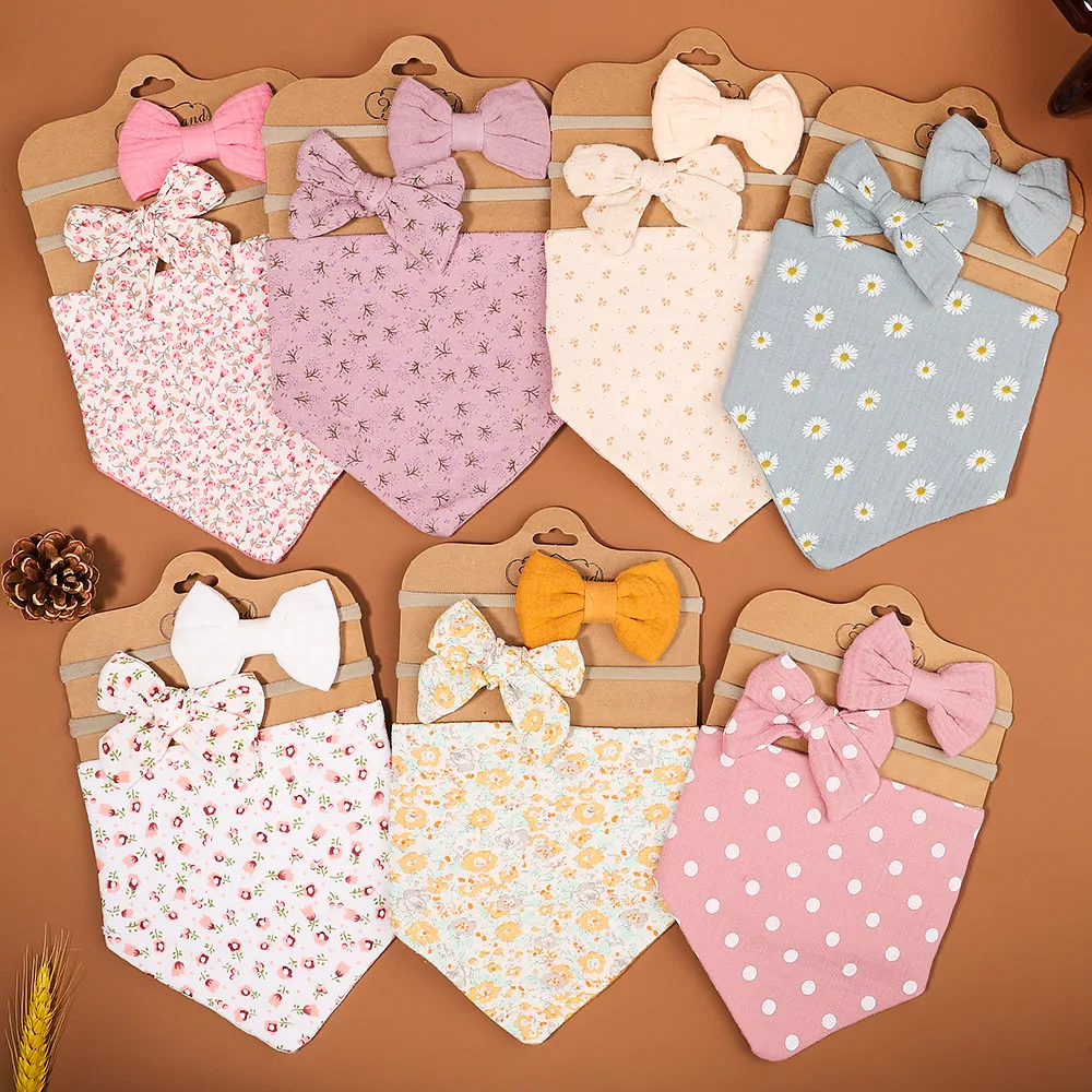 3Pcs/Set Baby Bib Muslin Cotton Bow Headband Set Adjustable Button Triangle Saliva Towel Print Infant Girl Feeding Burp Cloth