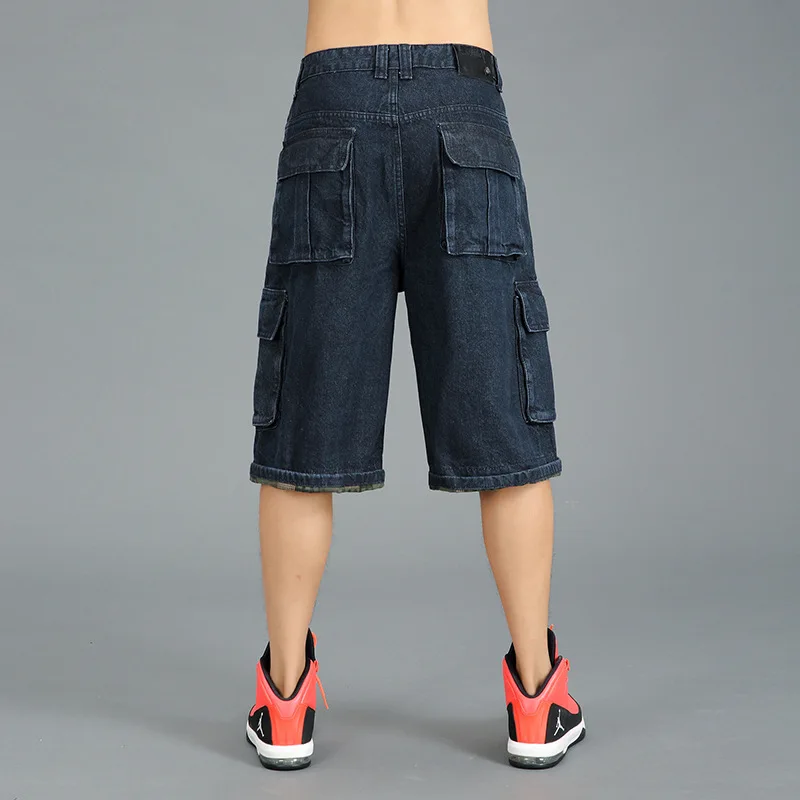 Plus Size Men's Hip-Hop Wide-Leg Jeans Summer Loose Denim Shorts Multi-pocket Baggy Denim Cropped Pants Men
