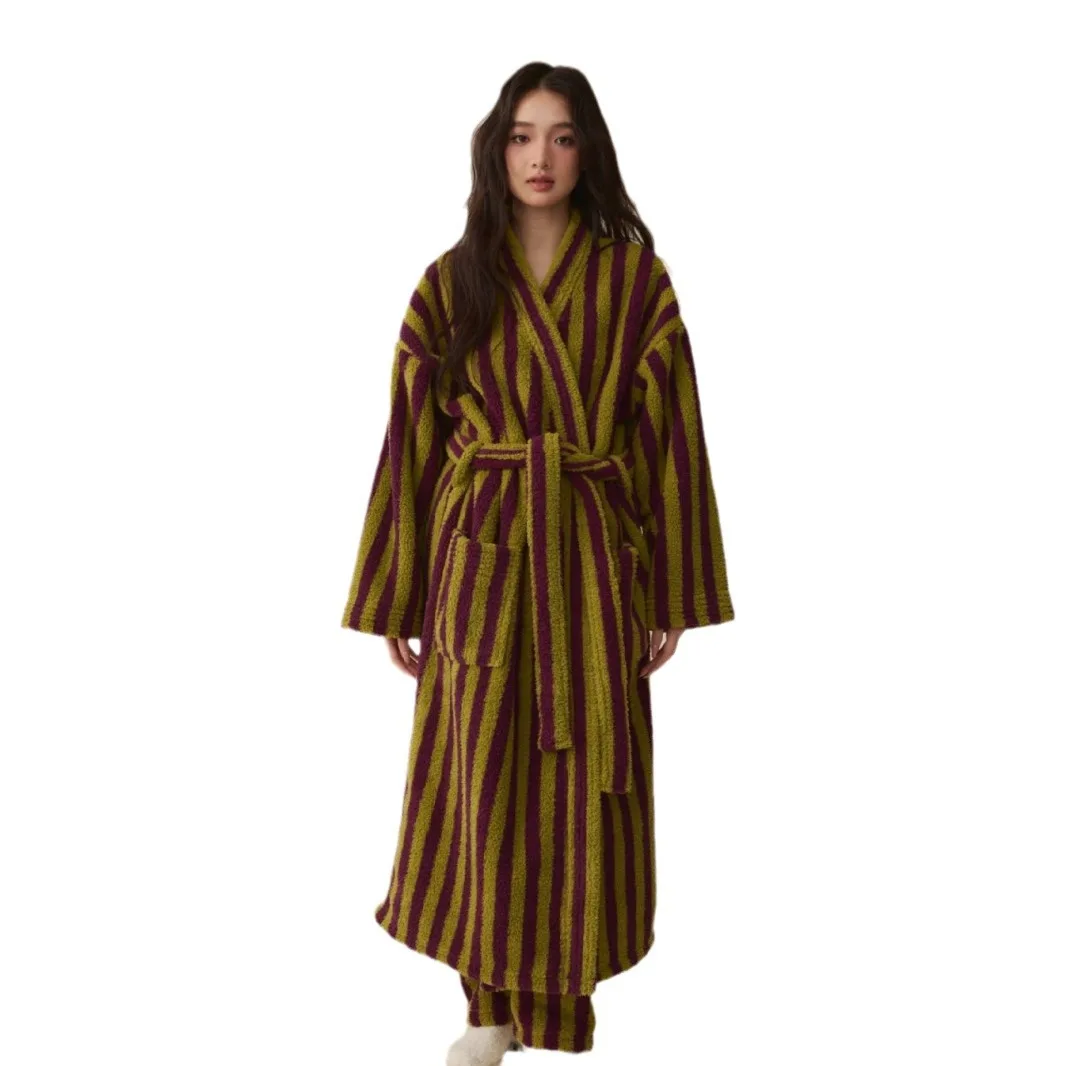 Thickened Flannel Robe Pants Pajamas Set Autumn Winter New Couple Coral Velvet Women Men Bathrobe Striped Lengthed Home Clothes women sleepwear sleepwear pajamas