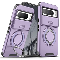 Shockproof Hybrid Dual Layer Magnetic Ring Stand Case with Slide Camera Lens Protection for Pixel 8 Pro (PURPLE)