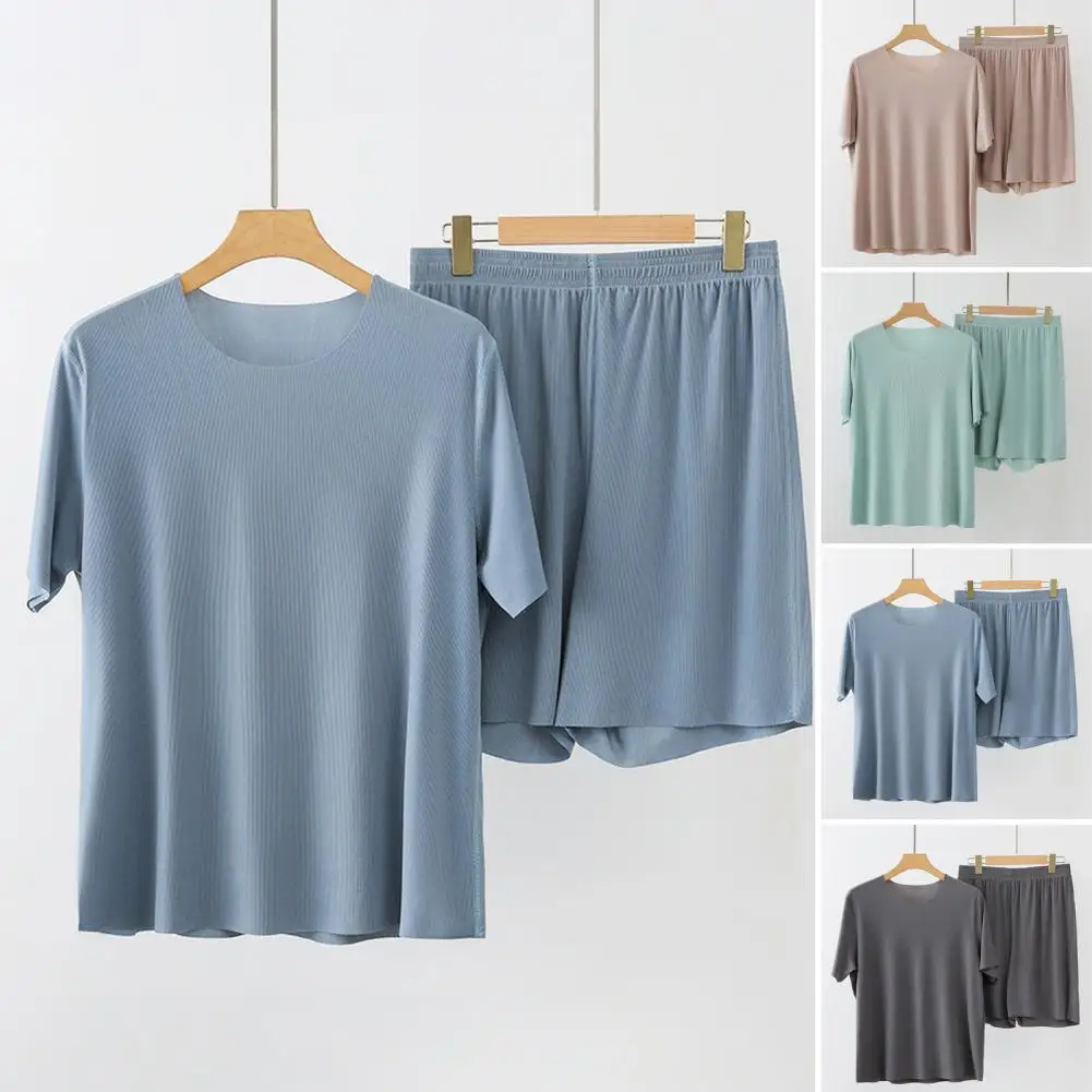 Men Homewear Set O-Neck Short Sleeve Tops Elastic Waist Wide Leg Shorts Solid Color Ice Silk Male Pajamas