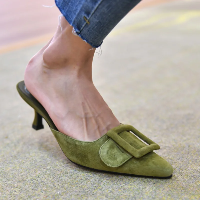 

big size 42 basic style shoes kid suede french style buckle slippers Women pump pointed toe Woman Summer sandals Lady mules