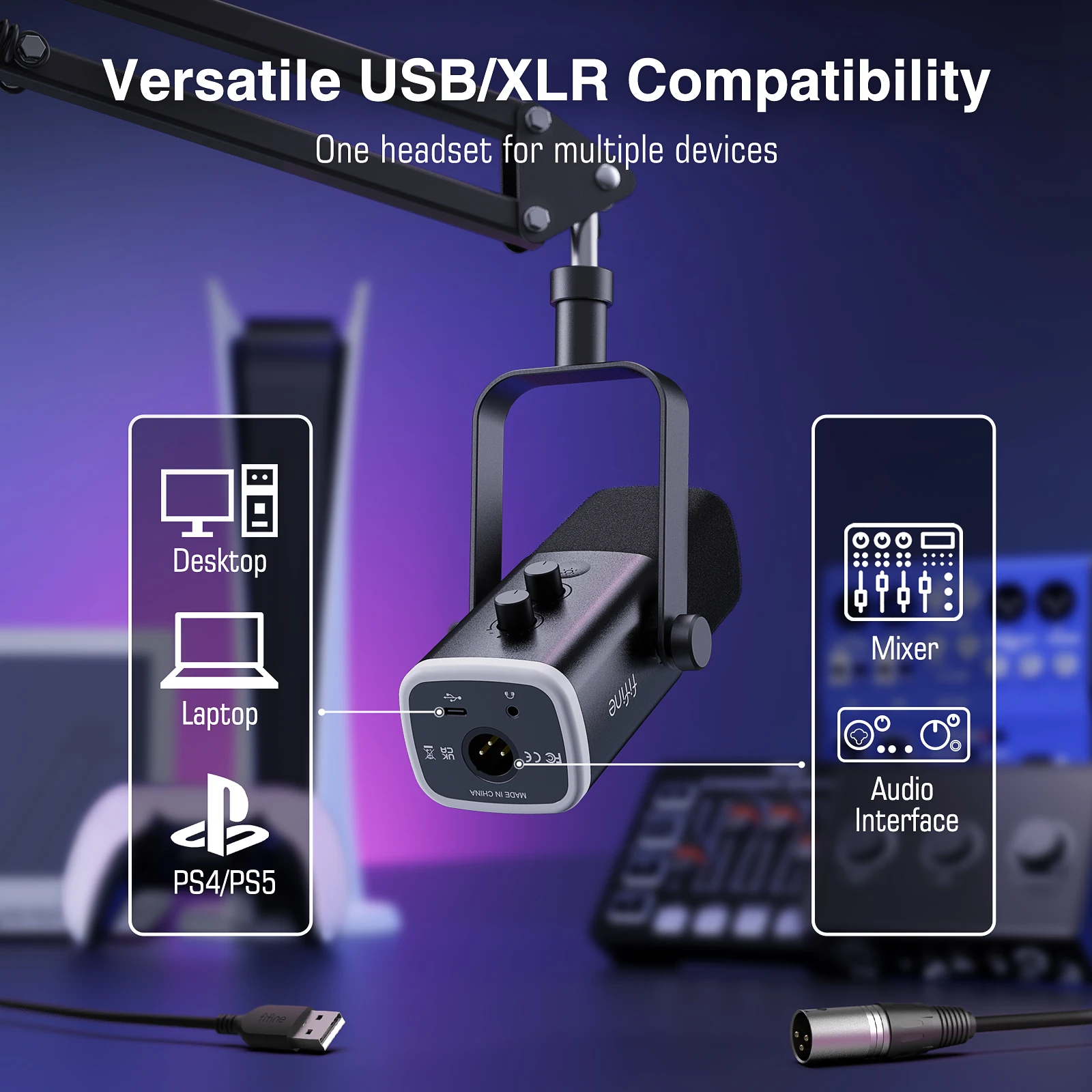 FIFINE XLR/USB Microphone and Heavy Duty Boom Arm Bundle, Computer  Recording Gaming Microphone with Mute Button, RGB, Arm Stand Kit for
