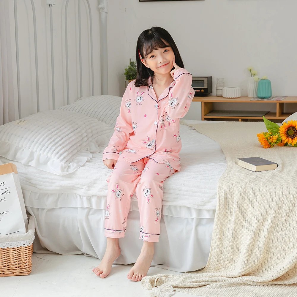 طقم بيجامات قطنية بطباعة كرتونية للأطفال ، ملابس نوم ، ملابس للبيت ، بدلة ، طفل ، أولاد ، بنات ، أطفال ، خريف