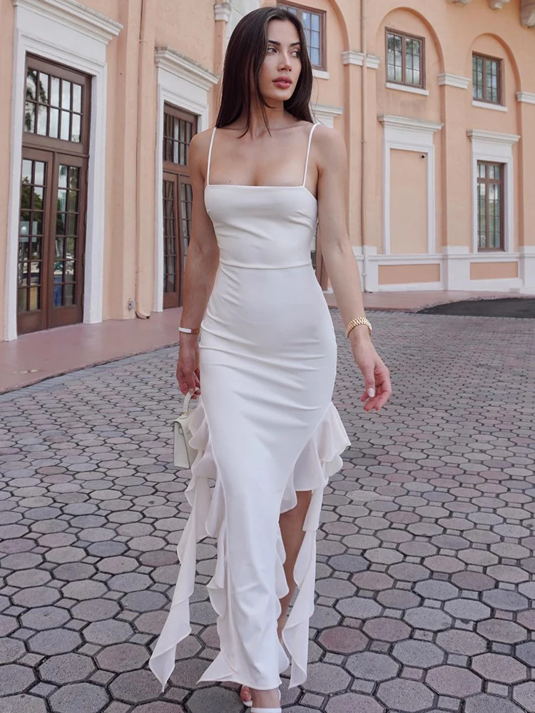

Spaghetti Strap Split Long Summer Dress for Women Sleeveless Strapless Bodycon Ruffles Dress Elegant Party Club Dresses Vestidos