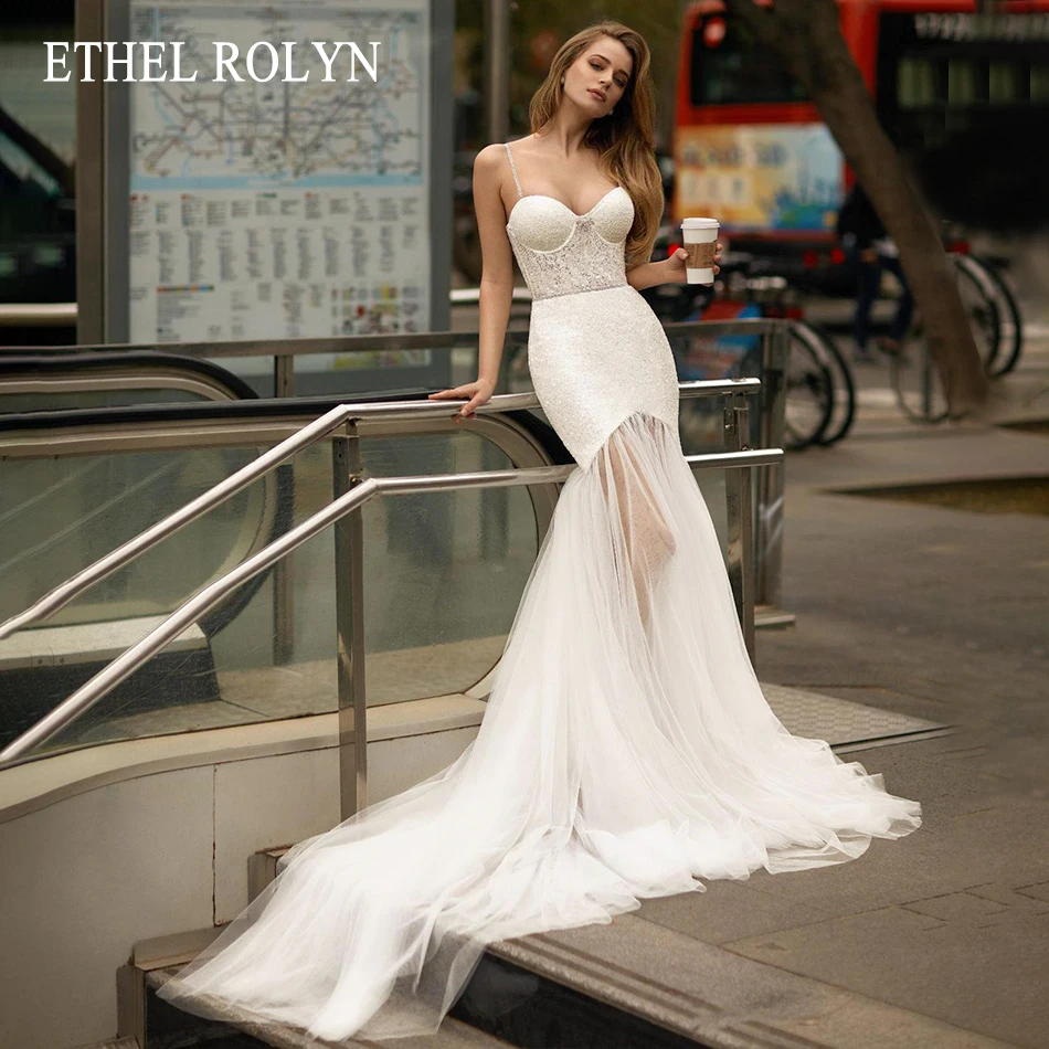

ETHEL ROLYN Mermaid Wedding Dress 2024 Semi-Transparent Sparkling Spaghetti Straps Illusion Wedding Gown Lace Vestidos De Novia