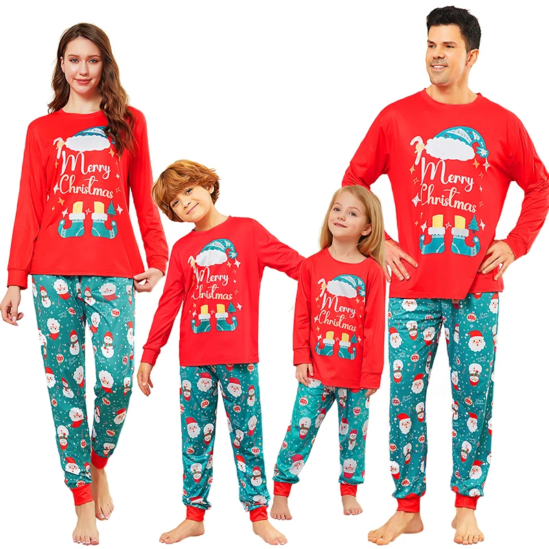 thumbnail image 1 of Pijamas navideños a juego de algodón a la moda para toda la familia, Papá Noel, padre, madre, niños, bebés, conjuntos de camiseta y pantalones con estampado de letras, 1 of 5