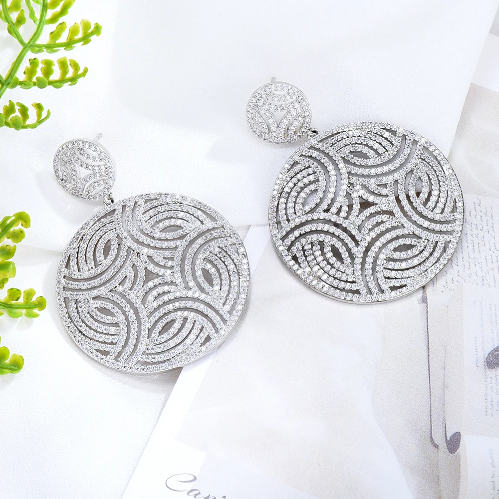Siscathy Luxury Cubic Zirconia Hollow Disc Pendant Drop Earrings For Women Fashion Show Celebration Party Jewelry Brincos Female