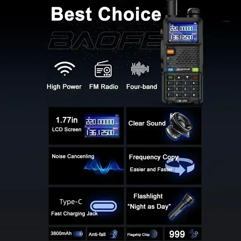 Baofeng UV-5RM Air Band Walkie Talkie Wirless Frequency Copy Multi Band 3800mAh USB-C Charge NOAA High Power Long Range CB Radio 3