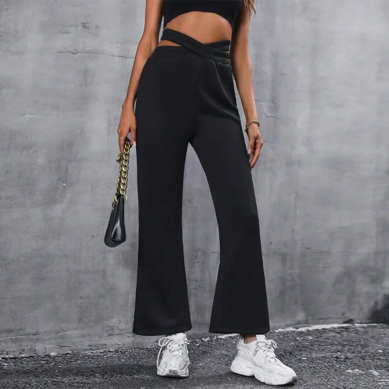 Fashion Women's Simple Slim Sports Hollow Out Waist Flared Pant Female Clothes Temperament Commuting Women Casual Trousers YSQ44
