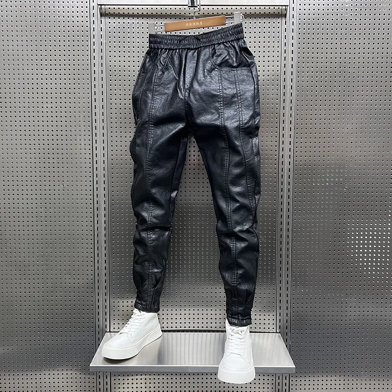 Men Trousers Men's Winter Luxury Korean Style Thermal Line Brushed Long Pants Slim Fitting Thickened Black PU Leather Trousers