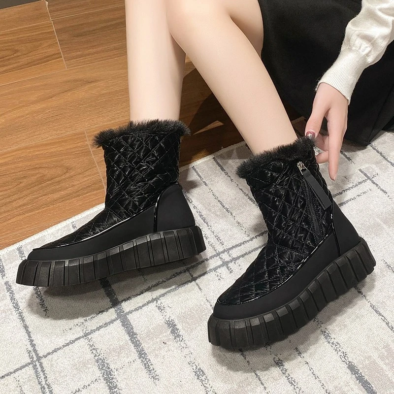 Round Toe Lady Boots  Shoes Winter Footwear Boots-Women Australia Low Lolita 2024 Rubber Autumn Snow Flock Rome Lace-Up Cotton