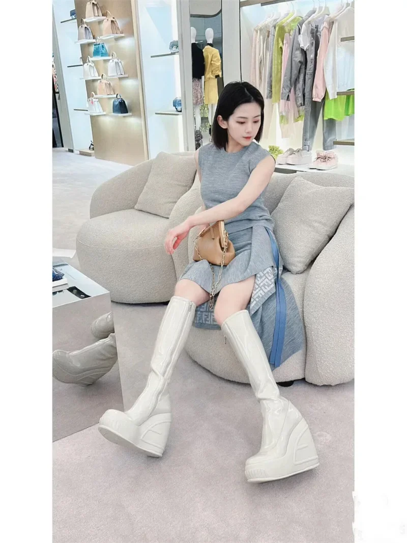 2024 Spring New Slope Heel Thick Bottom Round Toe High Heel Boots Fashion Sexy Cross-border Women's Plus Size Knee-high Boots