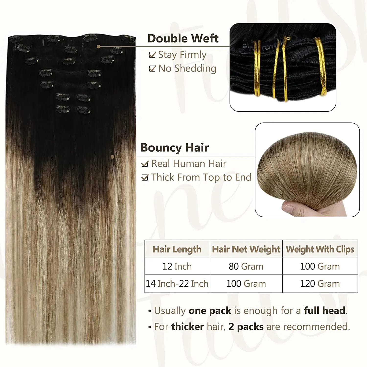 Full Shine Clip In Human Hair Extensions Balayage Ombre Blonde Black Hairpins 7pcs 120g Double Weft 100% Machine Remy For Woman