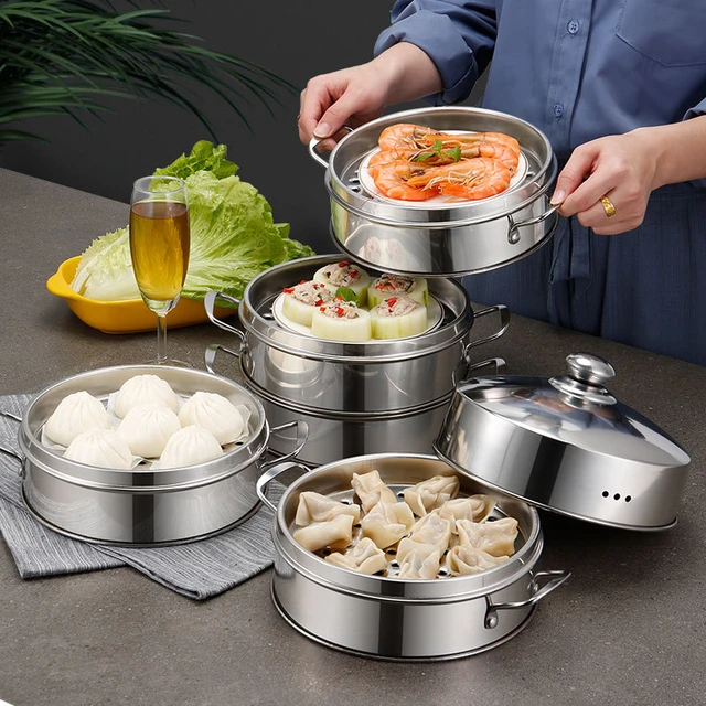 Stainless Steel Double Ear Dumpling Steamer Rack with Cover for