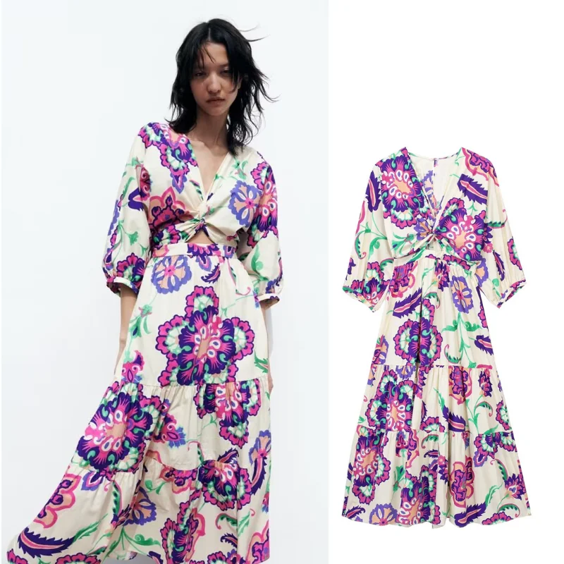2023 Holiday style Front Hollow Out Wrist Sleeve V Neck High Waist Female Poplin Dresses Summer Printed Women Midi Dress
