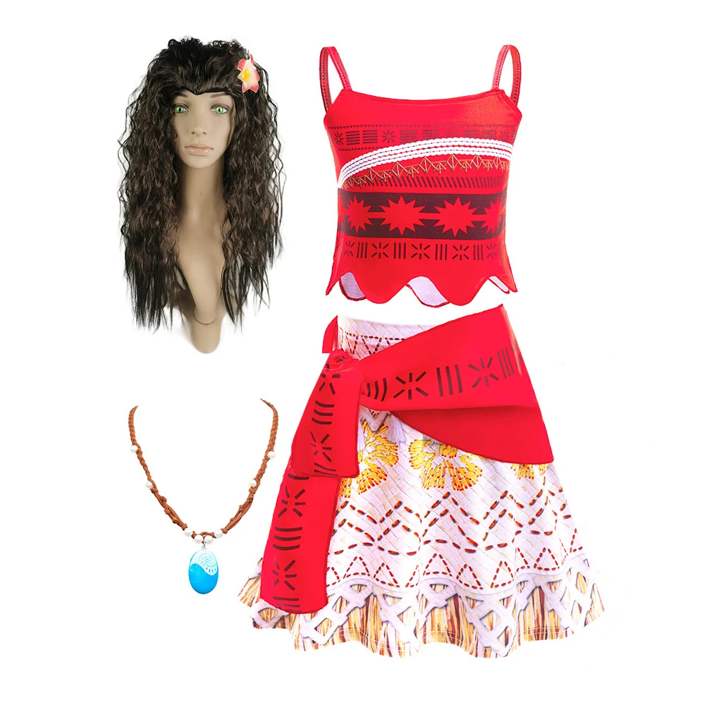 

Kids Princess Vaiana Moana Costume Dresses with Necklace Wigs Girls Halloween Party Moana Dress Cosplay Costume