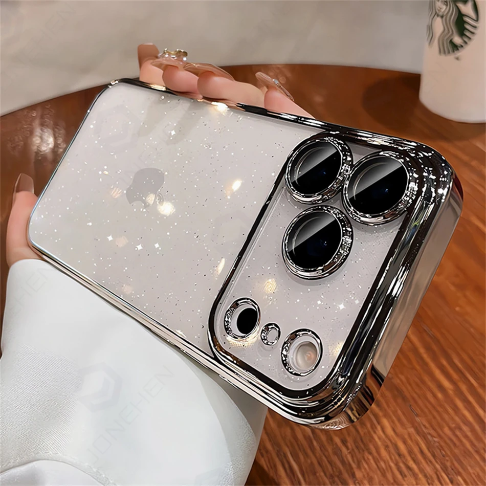 Luxury Transparent Glitter Clear Slim Case with Orange Pating Bumper and Lens Glass Hard Cover