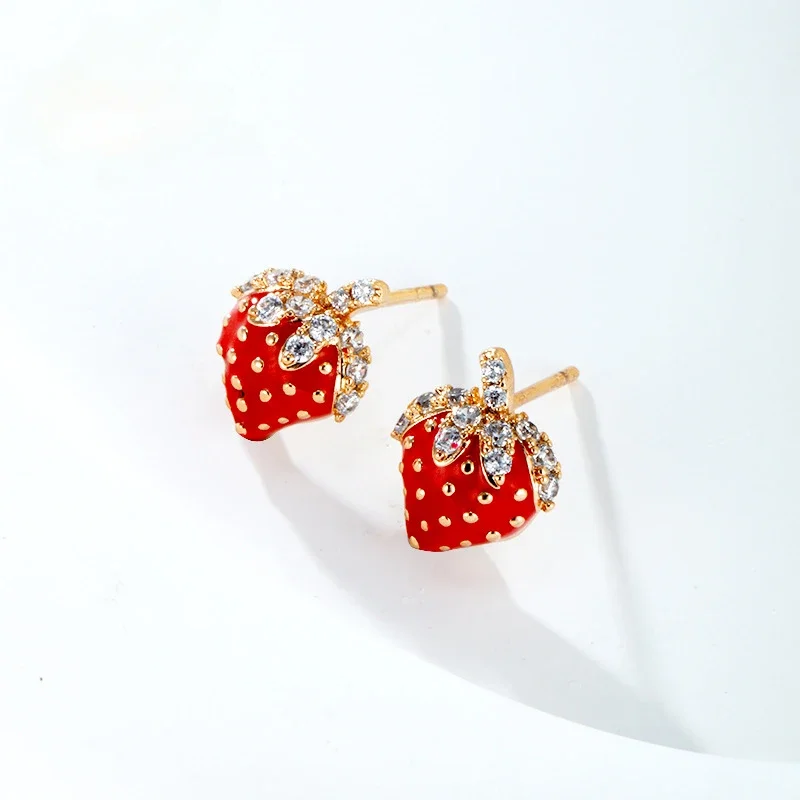 Fashion design Girl Sense Cute Crystal Zircon Stud Earring Strawberry Net Red Wild Earrings Student Birthday Gift Accessories