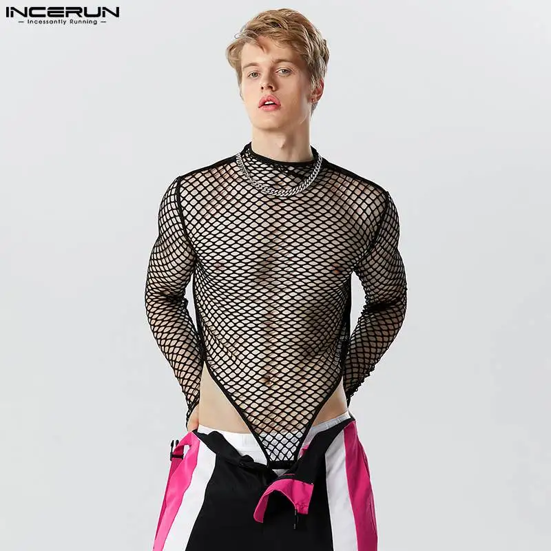 INCERUN 2023 Sexy Men's Homewear Bodysuits Half High Neck See-through Mesh Rompers Casual Male Thimble Long Sleeve Rompers S-5XL