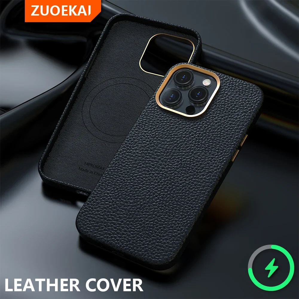 Zuoekai-capa de Couro Original com Magsafe Carregamento sem Fio Caixa Magnética para Apple Iphone 14 13 12 Pro Max
