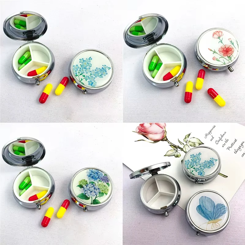 Pattern Box Pill Storage Container Medicine Box Metal Round Flower Print Folding Pill Case Medicine Organizer Pill case