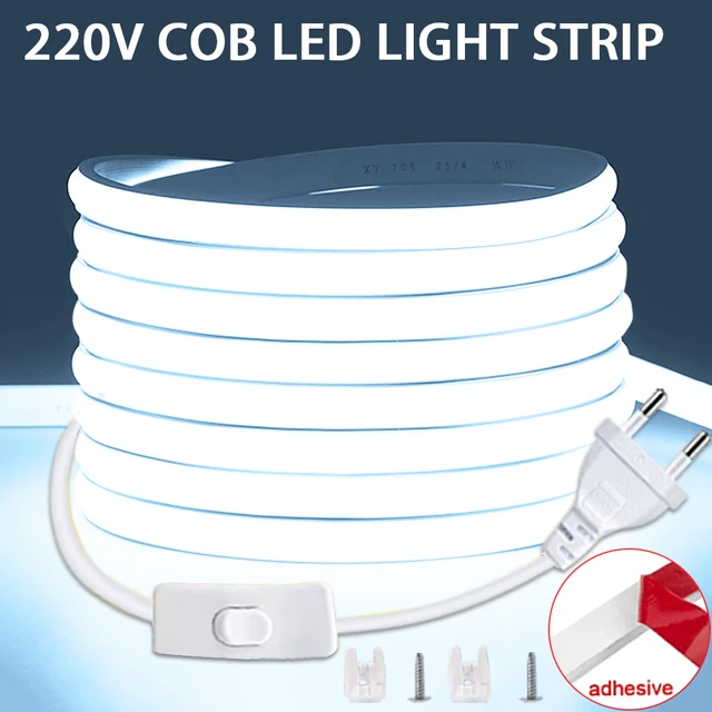 Bande LED COB 220V interrupteur marche/arrêt avec prise ue 220V bande lumineuse LED bande de lampe Flexible pour cuisine décor de chambre à coucher 1