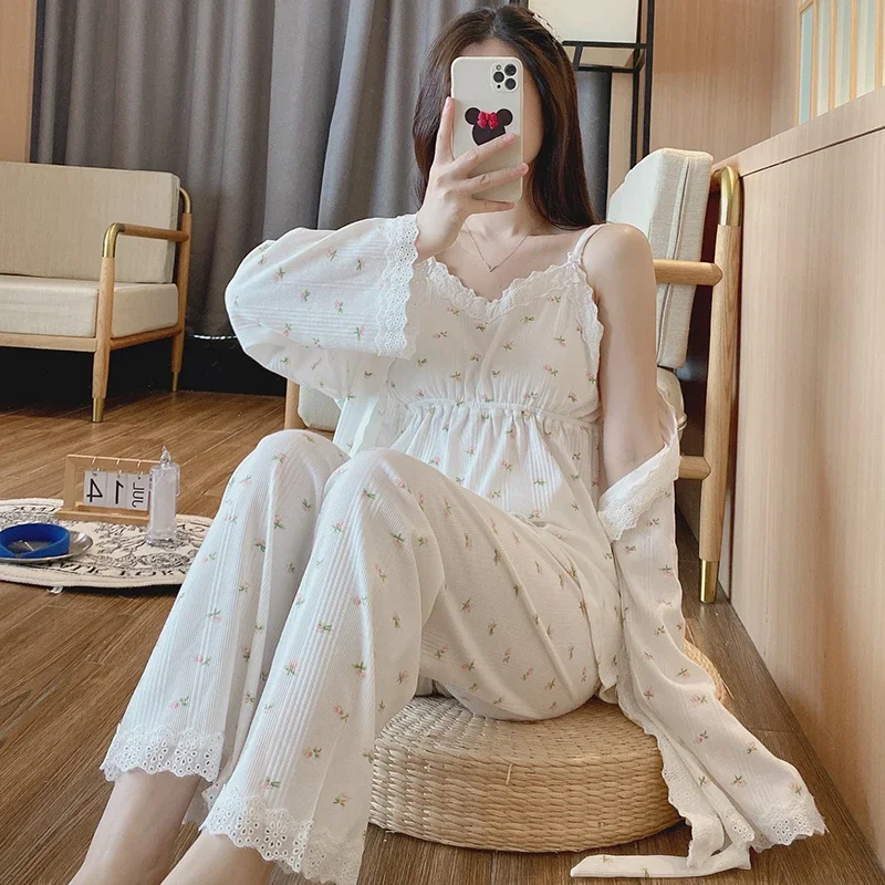Lace Patchwork Cotton Maternity Nursing Sleepwear Elegant Loose Pajamas Suit for Pregnancy Women Home Sleep Lounge Wear 3PCS Set 5