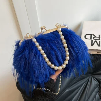 Beading Chain Women's Evening Plush Handbags Faux Fur Tassel Ladies Shoulder Bag Elegant Female Crossbody Bags Party Furry Purse