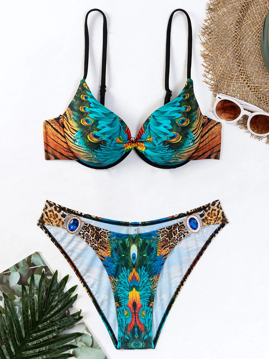 Peacock Leopard Printed Underwired Bra Cup Bikini Women Swimwear Female Swimsuit Two-pieces Bikini Set Push Up Bathing Suit Swim