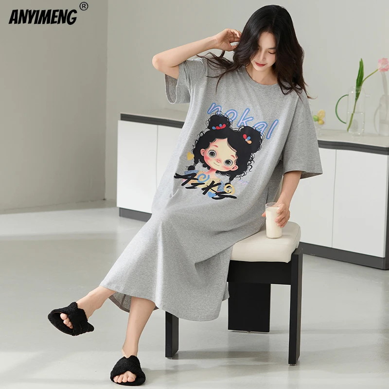 جودة عالية كول 95% القطن النساء قمصان النوم الصيف قصيرة الأكمام فساتين الليل الطويلة لسيدة M-4XL حجم كبير قميص النوم المرأة