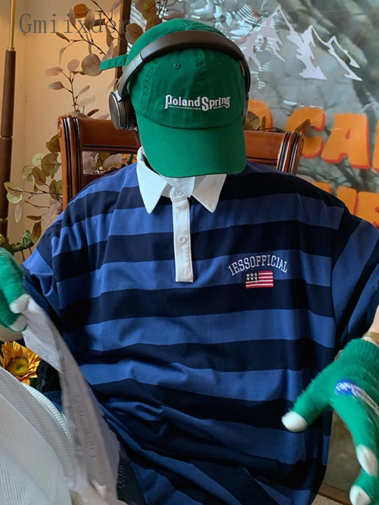 

Мужская полосатая рубашка Y2K в стиле преппи 2024SS парные темно-синие и зеленые футболки Свободный Топ с воротником-стойкой и короткими рукавами