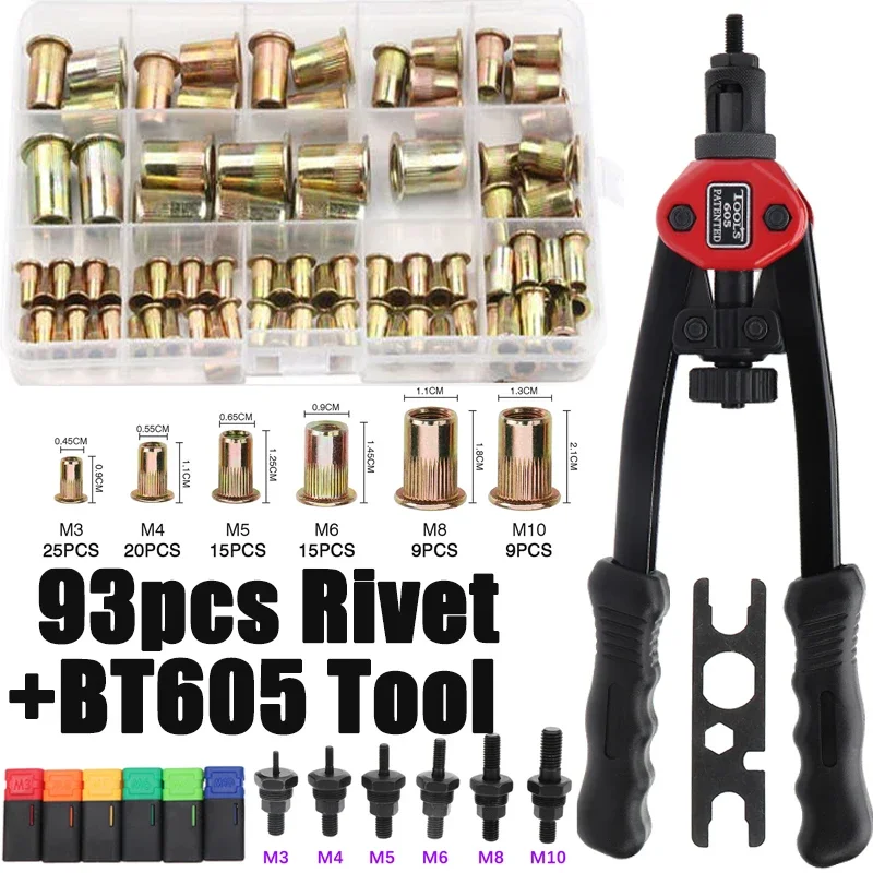 93pcs Rivet Nut+Hand Threaded Rivet Nuts Gun BT605 M3 M4 M5 M6 M8 M10 Double Insert Manual Riveter Gun Riveting Rivnut Tool