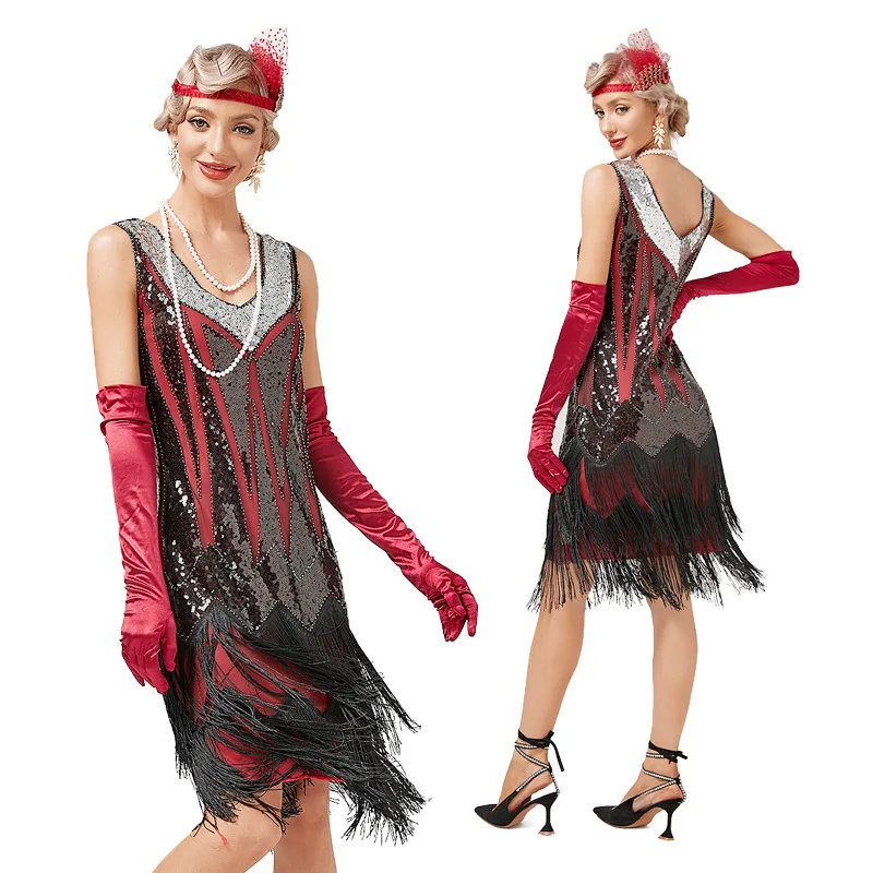 

Summer Dress for Women V Neck Beaded Fringed Tassels Cocktail Prom Wedding Party 1920s Cosplay Costume Robe Femme Vestidos