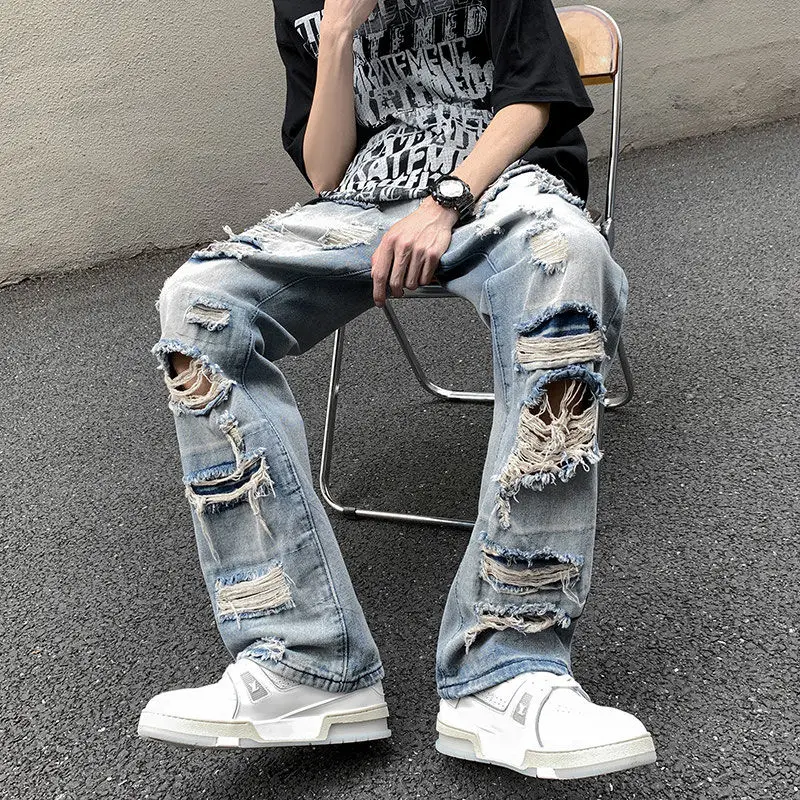 

Straight Barrel Beggar Style High Street Distressed Washed Jeans Vibe Street Trousers Male Personality Jeans Oversize Female y2k