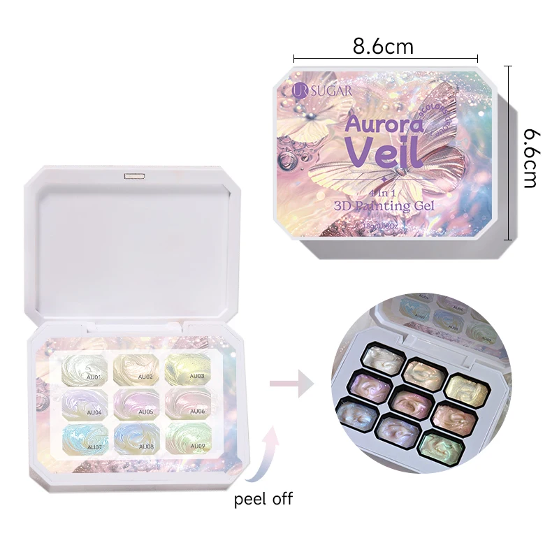 UR SUGAR 9 컬러 오로라 텍스처 3D 4 in 1 페인팅 젤 팔레트 네일아트 릴리프 디자인 그라데이션 스탬핑 UV/LED 쏙 오프