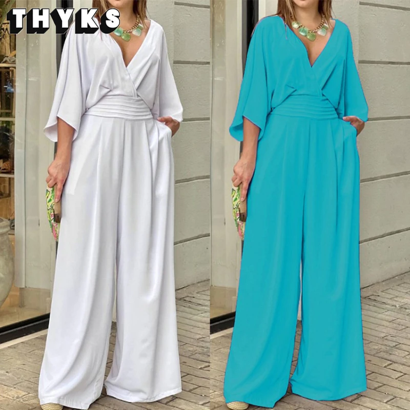 

Summer New Women's Slim Fit Commuter Set Relaxed Casual V-neck Elastic Force Open Back Waist Wide Leg Jumpsuit Sports Girl