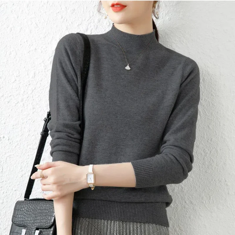 New Fashion Autumn and Winter Women's Clothing Semi-turtleneck Lady's Solid Color Sweater Casual Elegant Knitted Bottoming Sh181