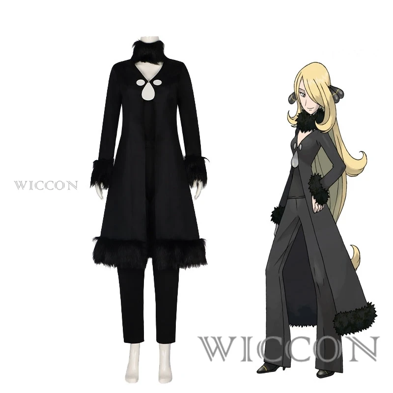 

Sun and Moon Cynthia Cosplay Costume Halloween Christmas Party Uniform Suit Black Coat Tops And Pants Shirona Full Set Outfit